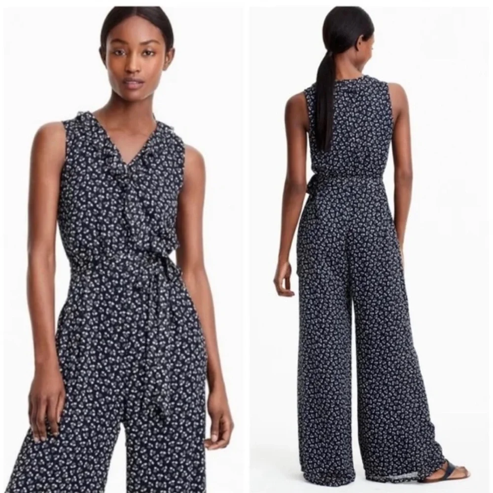 J. Crew Point Sur Navy Floral Sparkle Jumpsuit Size 8 - Picture 1 of 9
